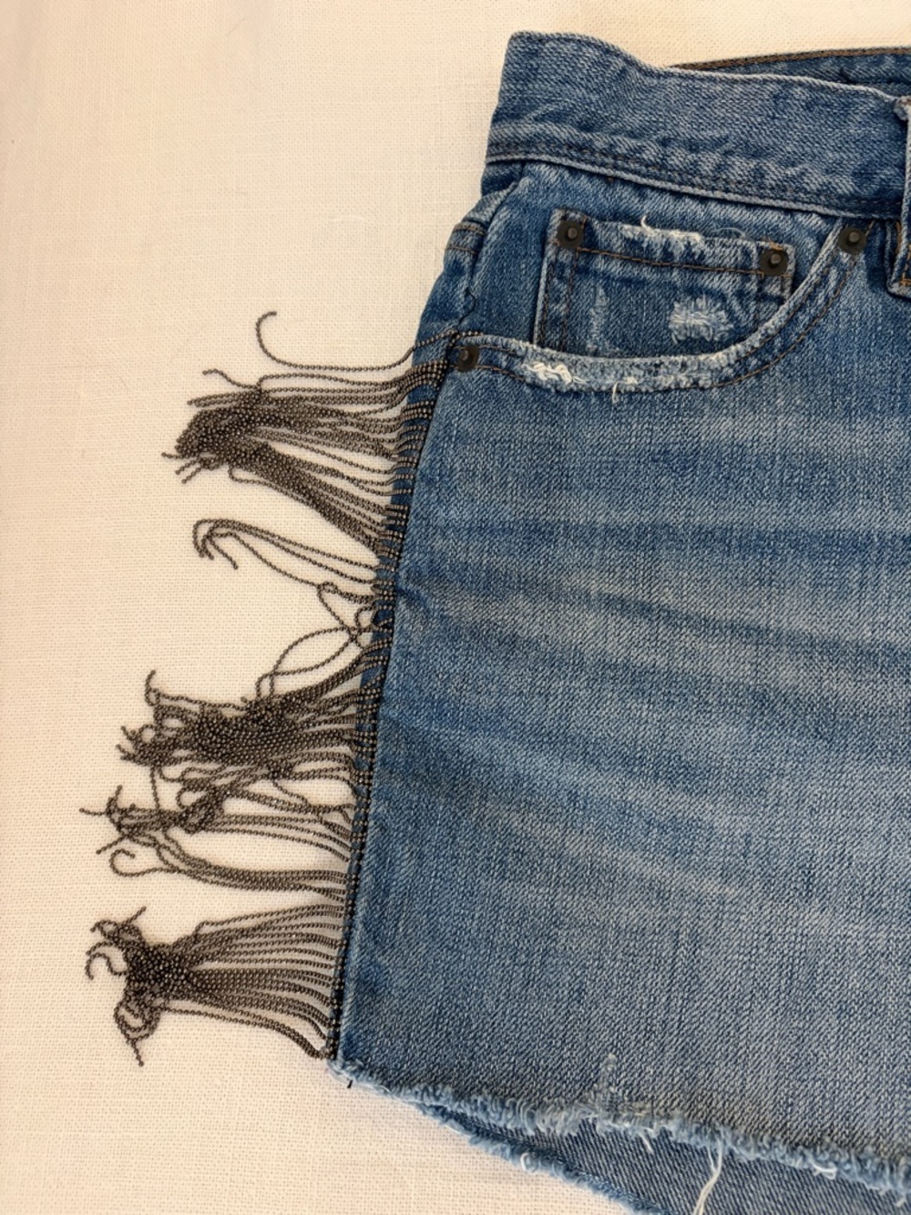 Blue Revival Denim Shorts with Side Fringe - Blue